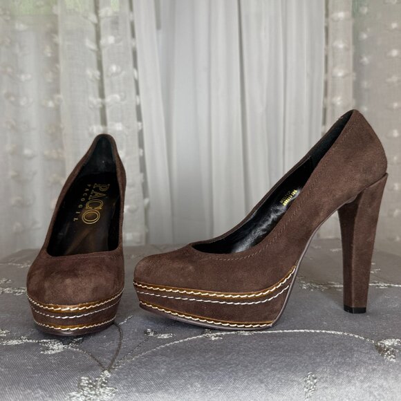 Paco Gil Brown Suede Welty Topstitched Platform High Heel Pumps Size 5.5 W - Picture 3 of 11